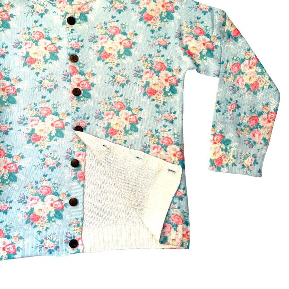 Floral Cardigan Sweater Size XL Blue Pink Rose Button Front Cottagecore Knit - Picture 2 of 11